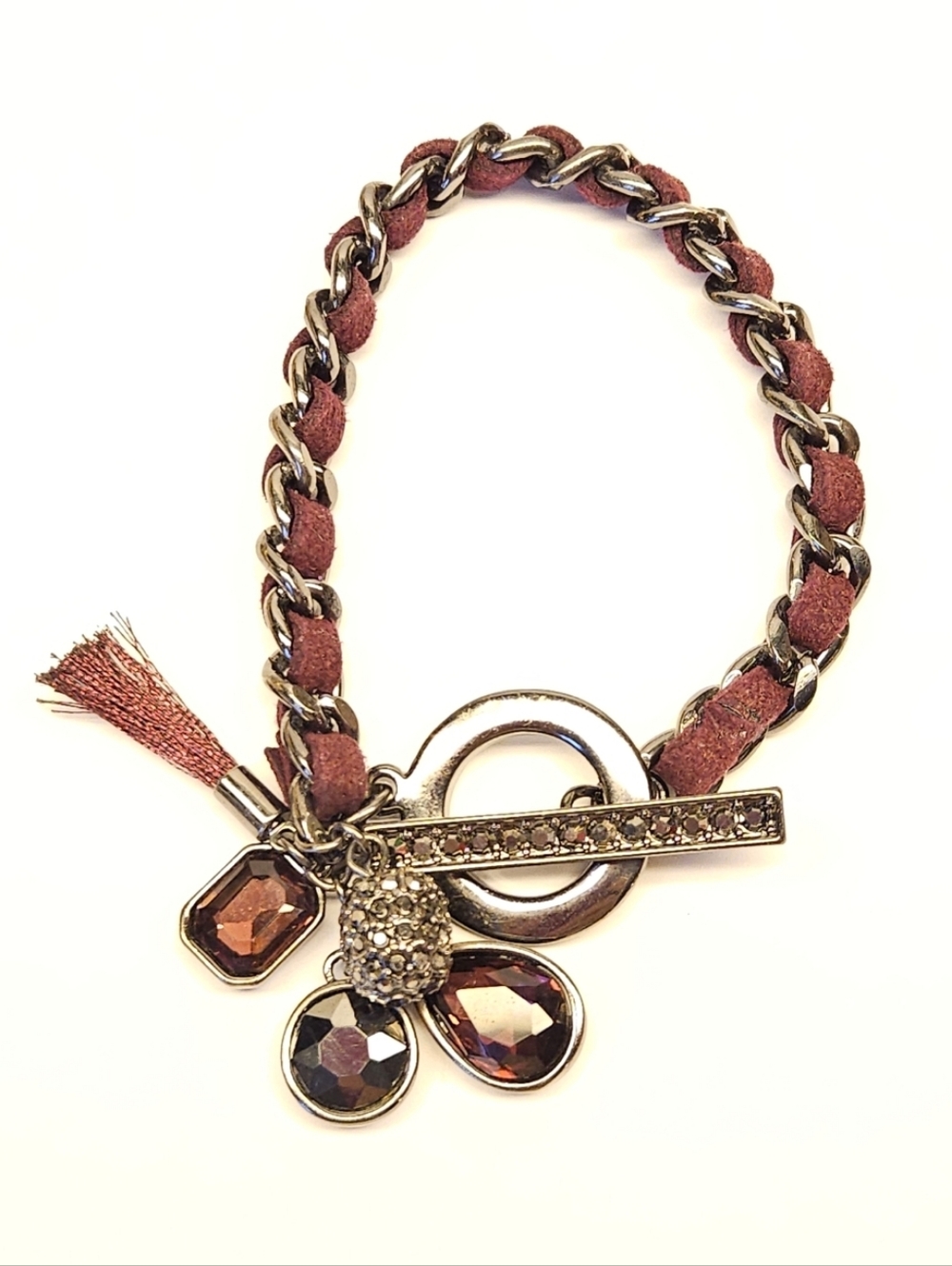 Purple And Gun Metal Gray Chain Charm Bracelet with Crystal Drops